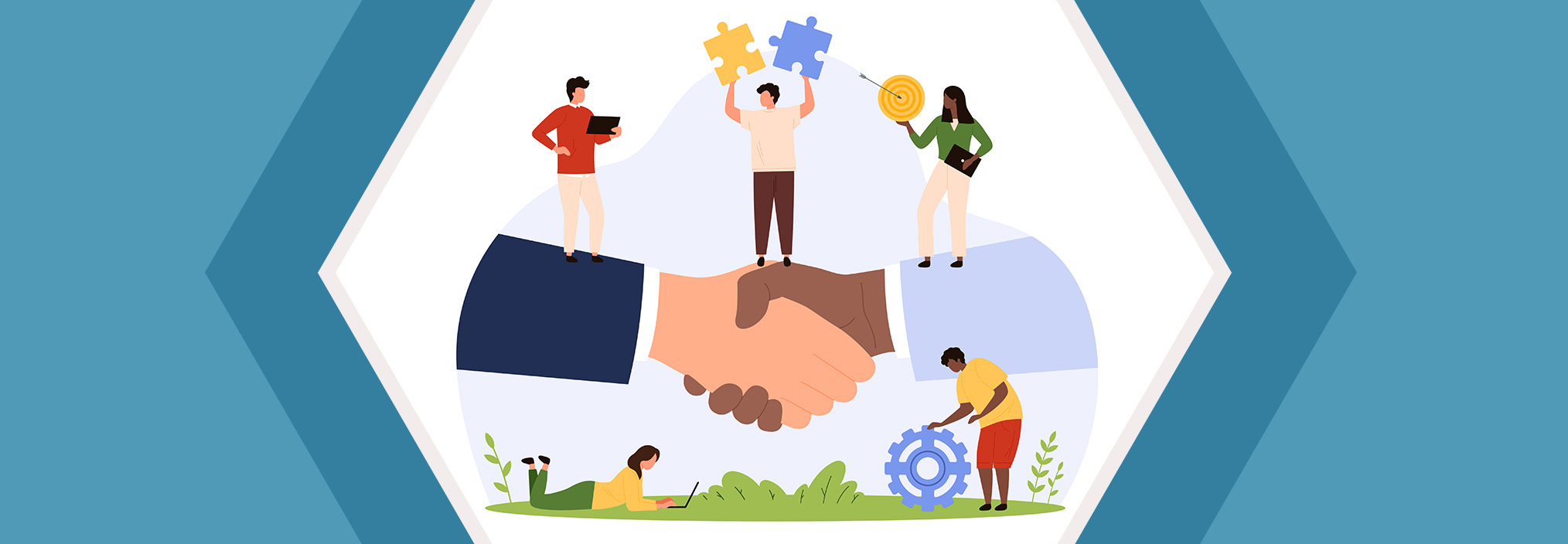 Illustration of a large handshake with small people holding puzzles, a target, a laptop, and a gear around it.