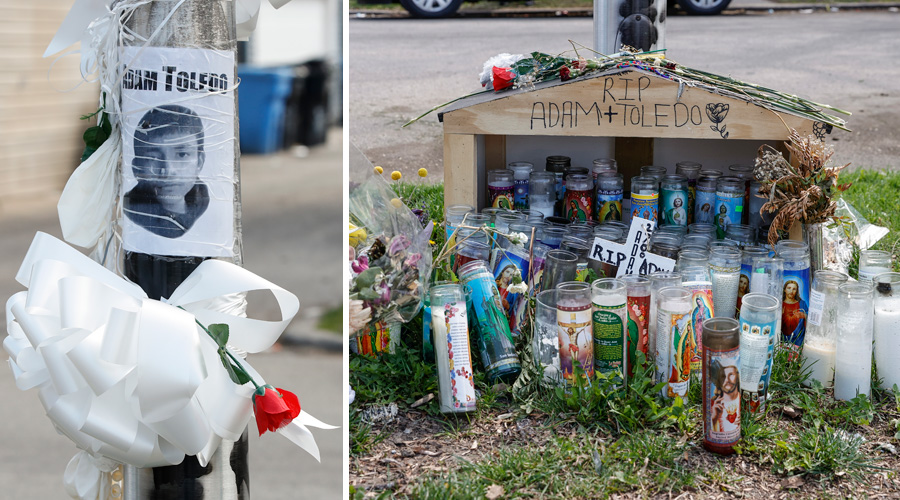 candles, a makeshift shelter, and photo of latino boy on a light pole with large bow