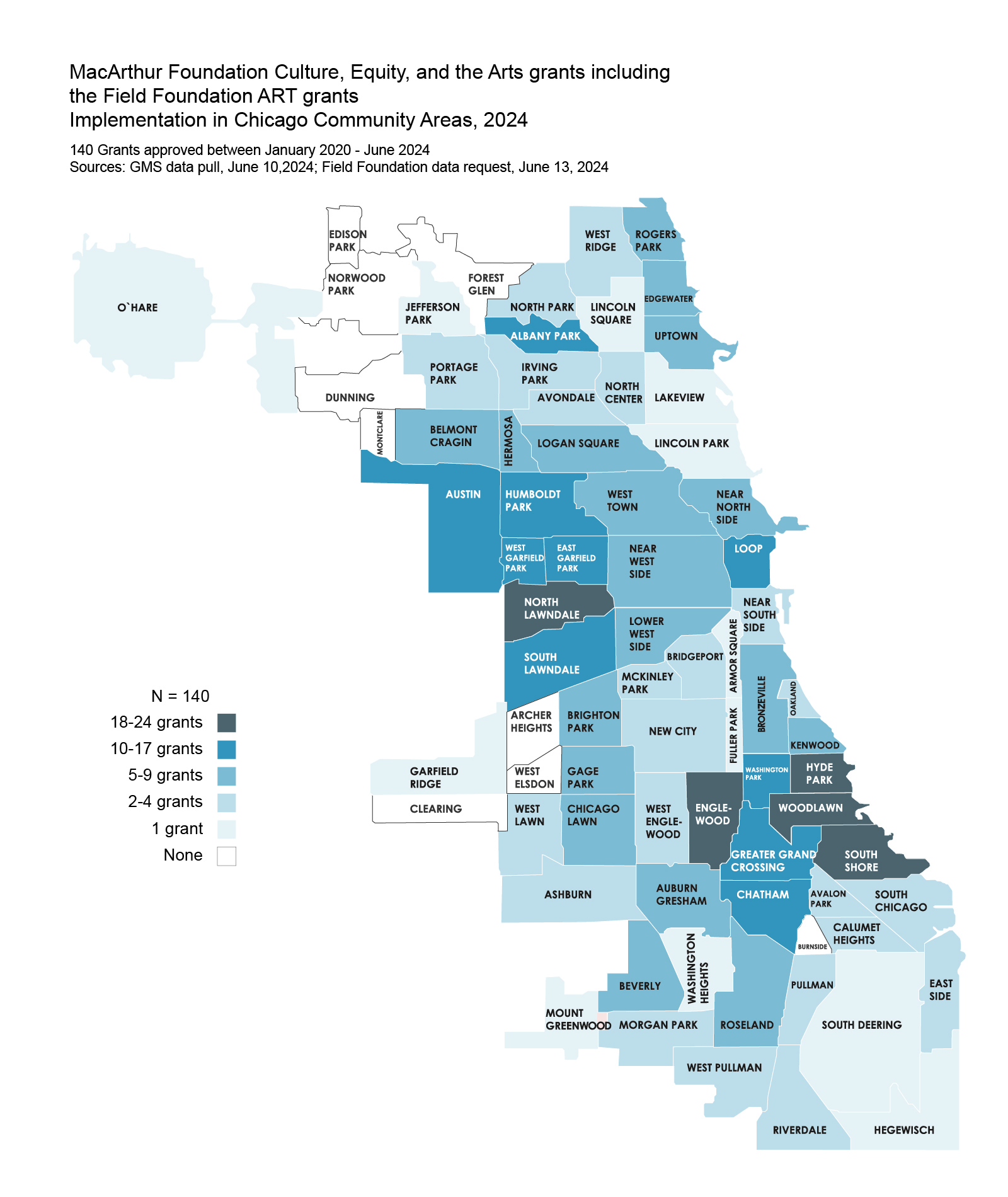 Map of Chicago showing distribution of MacArthur Foundation grants by community area, with varying shades indicating grant numbers.