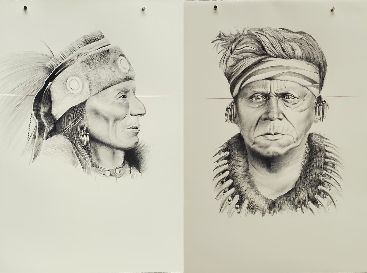 Two pencil sketches of Indigenous people in traditional attire, featuring detailed headdresses and expressions.