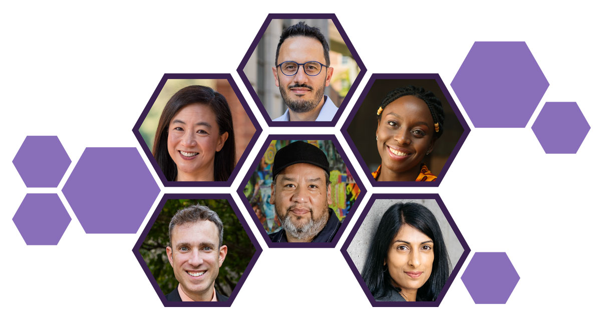 A pattern of purple hexagons featuring portraits of six individuals.