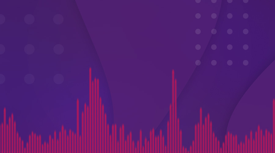 A purple background with abstract patterns and a fuchsia soundwave graph at the bottom.