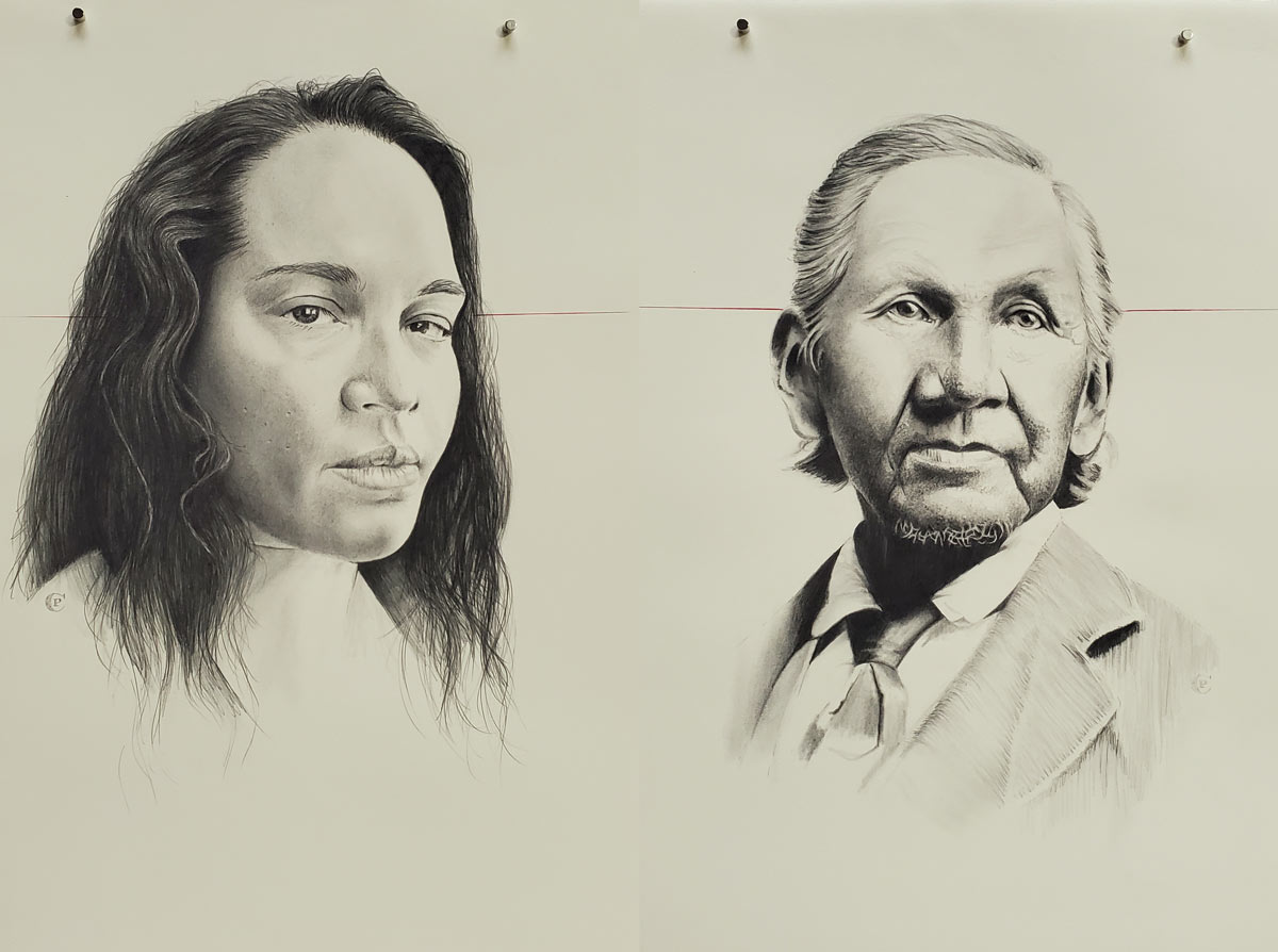 Two pencil portraits: a woman with long hair on the left, a man with a beard and suit on the right, both on white backgrounds.