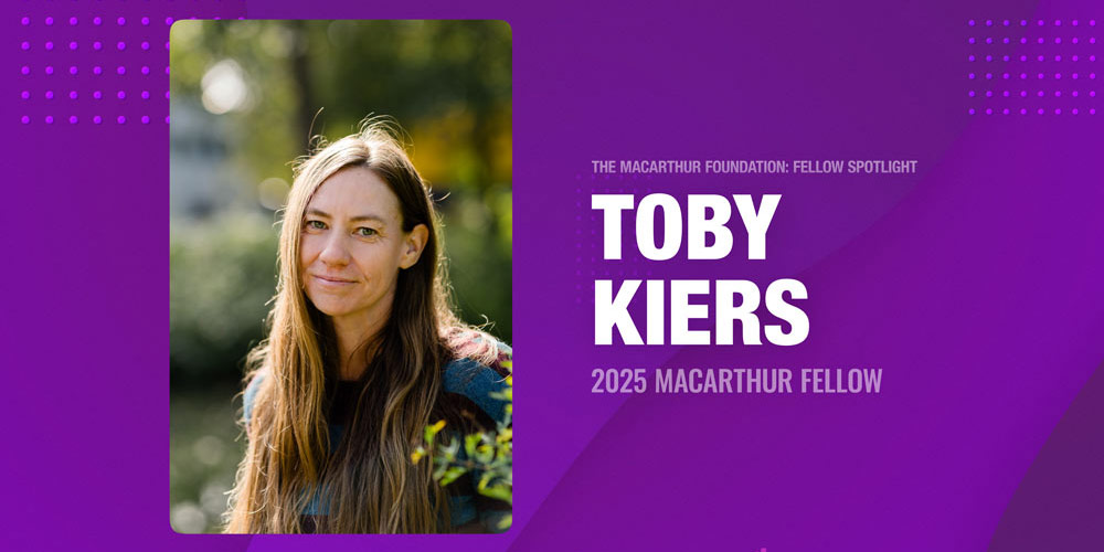 Portrait of Toby Kiers, 2025 MacArthur Fellow, on a purple graphic background with her name and fellowship title.