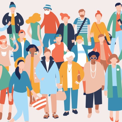 Illustration of a diverse group of people standing together, dressed in colorful and casual clothing.