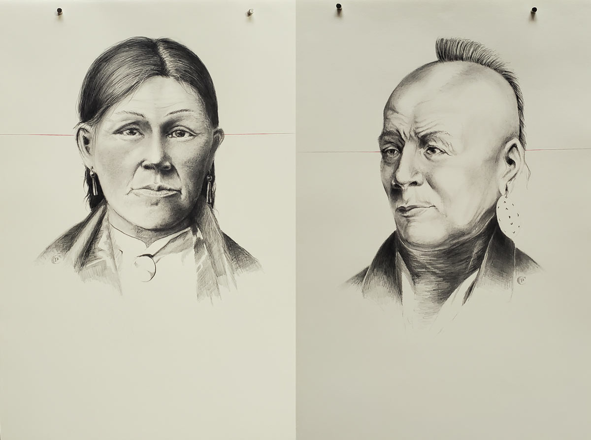 Two pencil sketches: a woman with long hair and earrings on the left, and a man with a mohawk and earrings on the right.