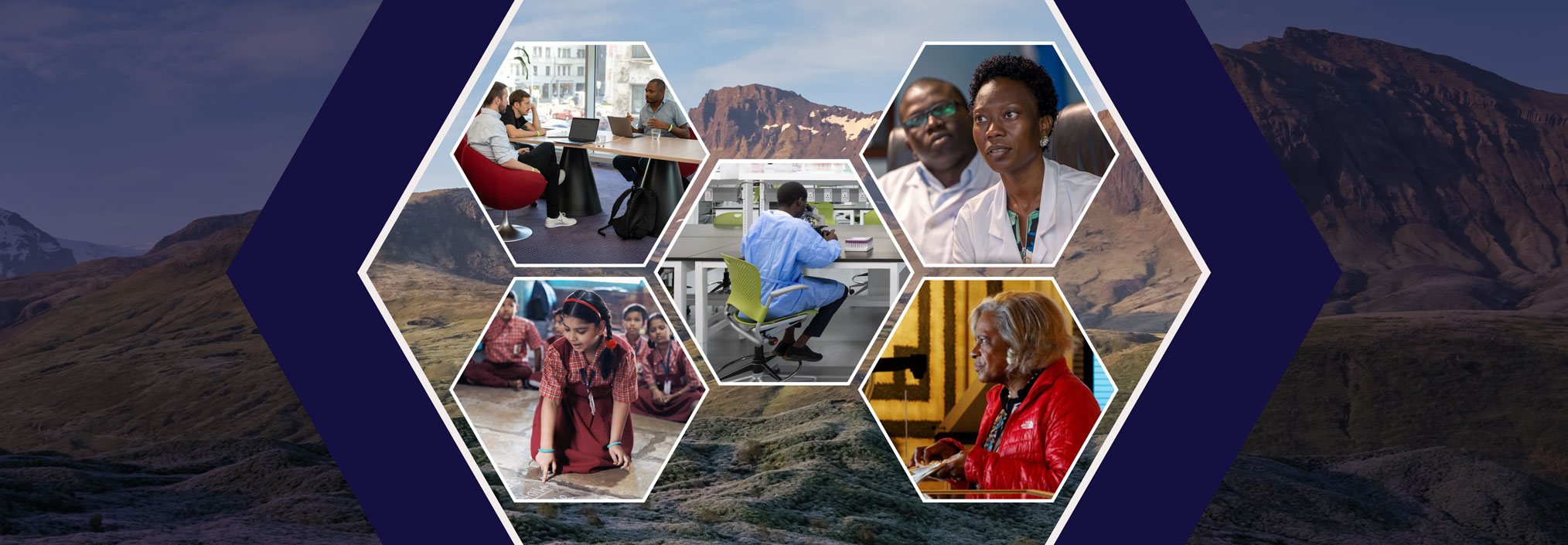 A collage of six hexagonal images depicting various professional and educational scenes, set against a mountainous background.