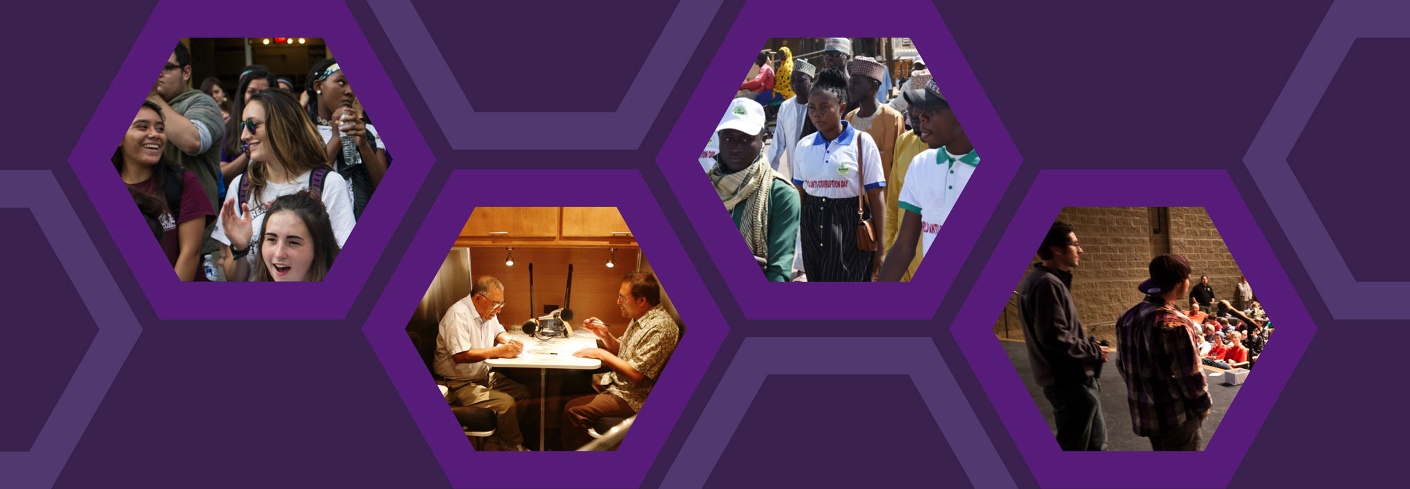 A collage of four hexagonal photos against a purple hexagonal-patterned background, depicting various group activities and discussions.