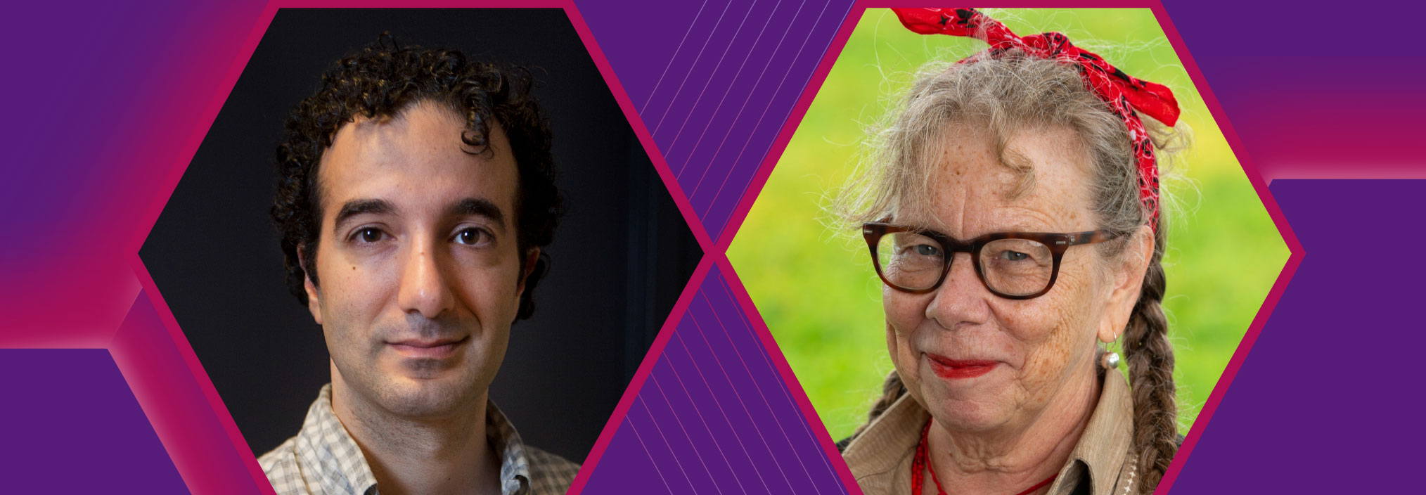 Two side-by-side portraits of individuals against a purple and pink geometric background.