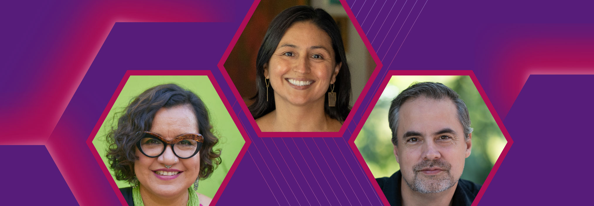 Three portraits of individuals against a purple and pink geometric background.