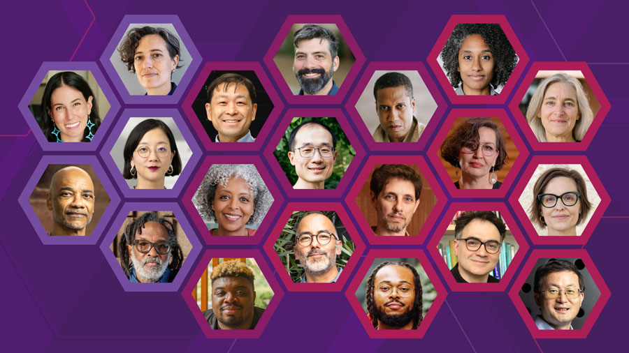 A collage of diverse people in hexagon frames against a purple geometric background.