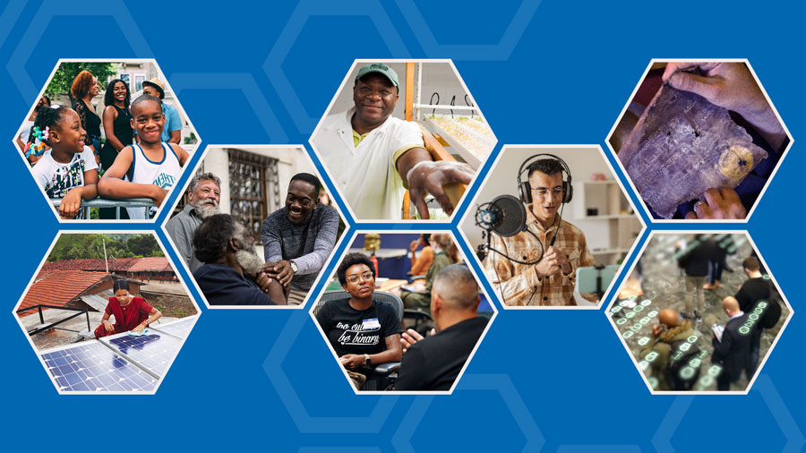 A collage of diverse people in hexagon frames against a blue geometric background.