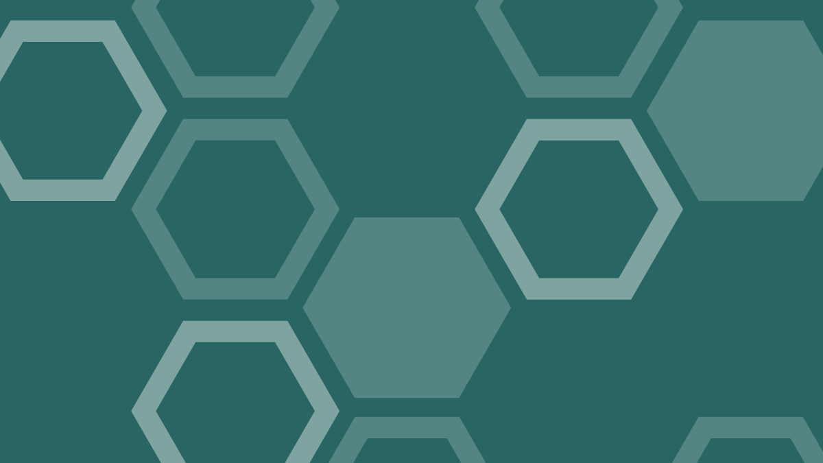 A graphic with hexagon shapes on a dark green background